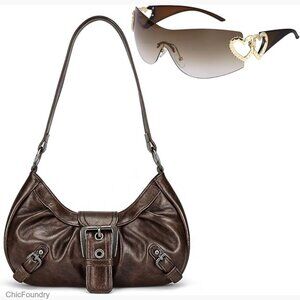 Vintage Y2K Hobo Shoulder Bag PU Leather Handbag with Sunglasses Set